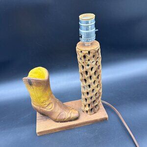 Vintage Western Lamp Cholla Cactus Wood Cowboy Boot Rustic Southwestern READ